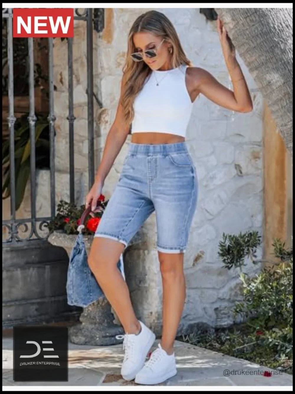 High Waisted Pull On Elastic Waist Denim Bermuda Shorts 10